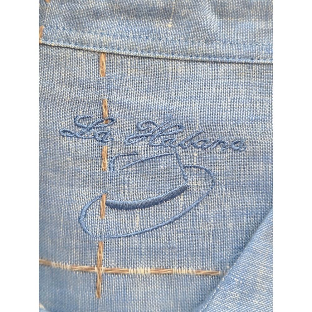 La Habana Linen Buttondown Shirt Short Sleeve‎ Mens XL Blue Grid Contrast Stitch - Picture 5 of 7